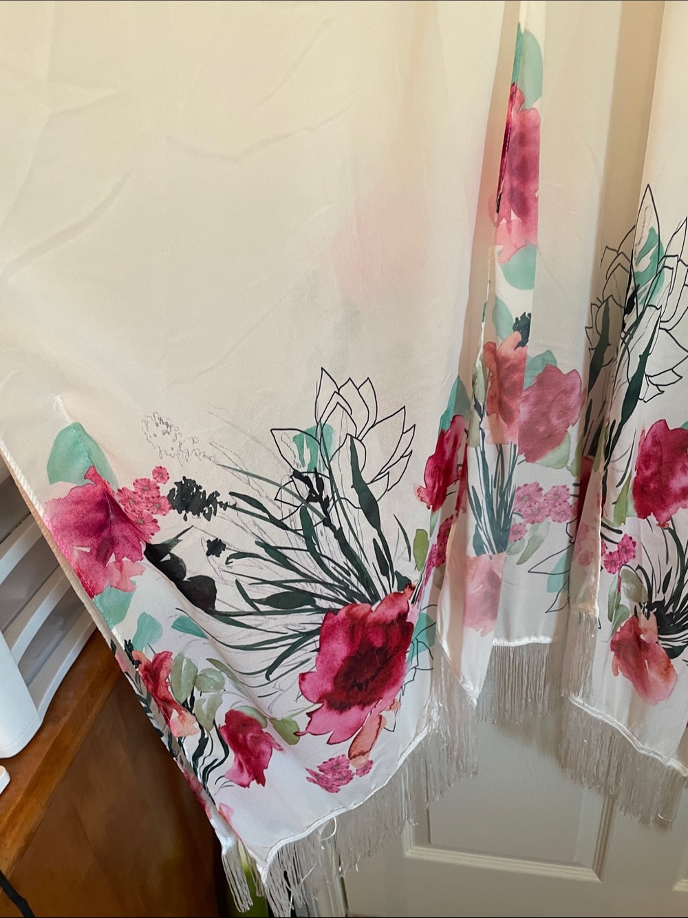 Say What? Sheer White Floral Kimono Wrap with Pink and Green Accents - Picture 3 of 10